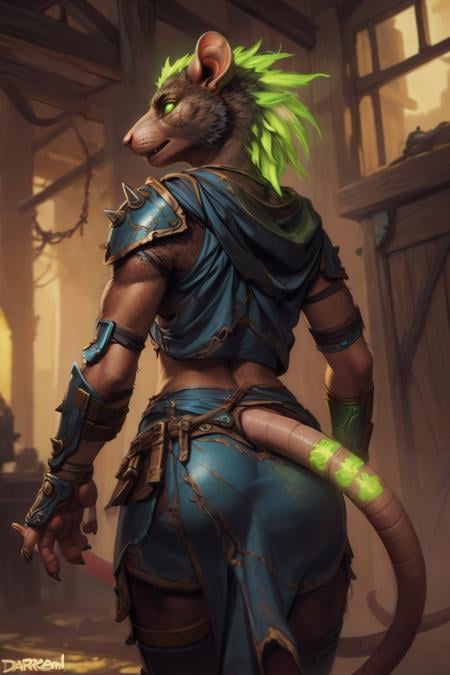 by personalami, by zephyxus, by darkgem, by null-ghost, female, solo, anthro, rat, rodent, skaven, facial scar, fluffy, safe, clothed, fully clothed, rat tail, hairy, glowing, radioactive, (green glow, armor), spikes, machine, warhammer fantasy, vermintide, rear view, topwear, bottomwear