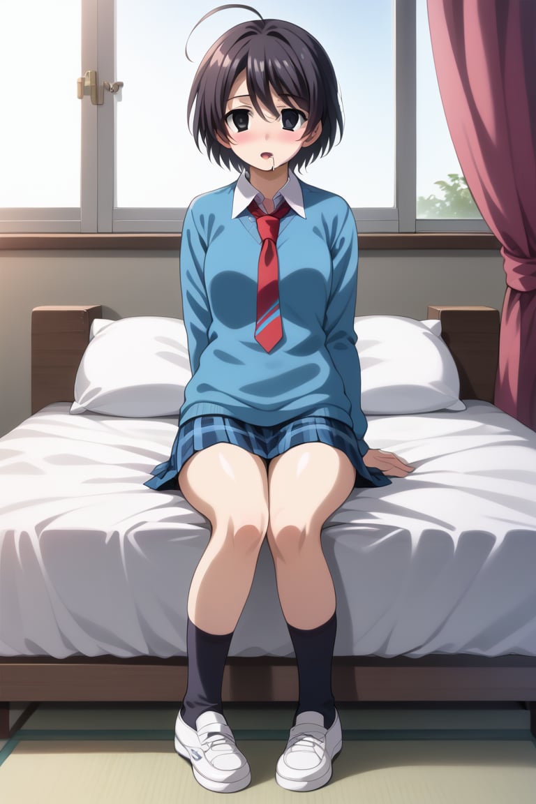 Highly detailed, High Quality, masterpiece, beautiful, 1girl, solo, (feminine focus, young woman, 16 years old), niki ookuma, short hair, black hair, ahoge, (black eyes:1.5), (detailed eyes, perfect eyes, pupils), mini skirt, school uniform, necktie, shoes, socks, (white_blouse, tie inside sweatshirt, skyblue sweater:1.5), plaid skirt, black socks, sneakers, curtains, bed, Open window, sunrise, sitting in bed, looking_at_viewer, open_mouth, full_body, Motion Blur, empty eyes, mind control, blush, sweat, saliva, drooling, heart in eyes<lora:EMS-409892-EMS:0.800000>, <lora:EMS-397136-EMS:0.900000>