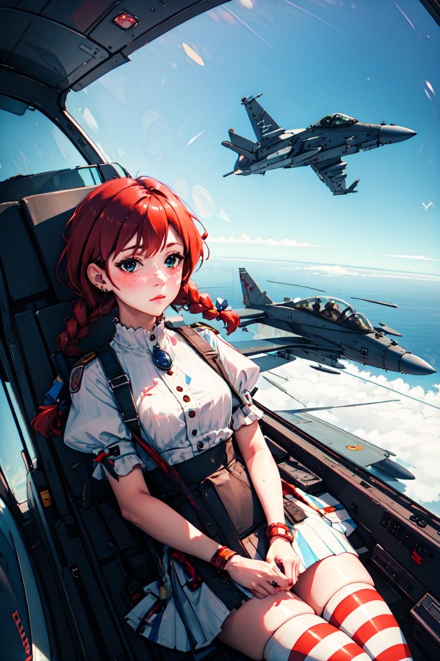 <lora:yomama_fighter_jet_pilot_selfie_v2-10:0.8>yomama_fighter_jet_pilot_selfie_v2, 1girl <lora:fastfood_wendys:0.85> ffwendys, twin braids, hair bow, striped dress, striped sleeves, puffy sleeves, striped thighhighs, jets