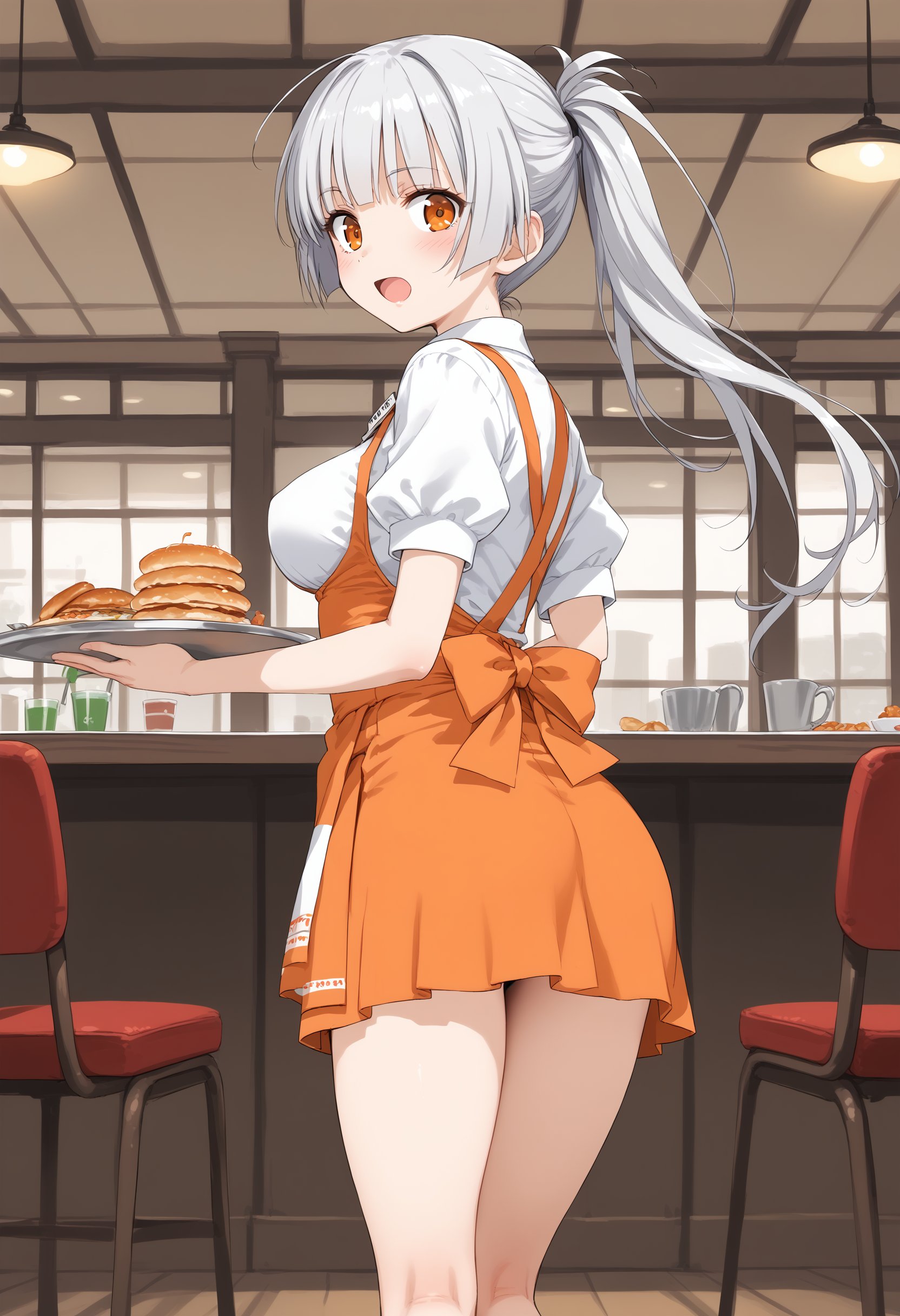 1girl, medium breasts,anna miller ,waitress,name tag,high-waist skirt,suspender skirt, apron,restaurant,  <lora:annamiller_Pony_v1:0.8>from behind, feet out of frame, looking back, silver hair, orange eyes,disdain, open mouth, split ponytail hair,