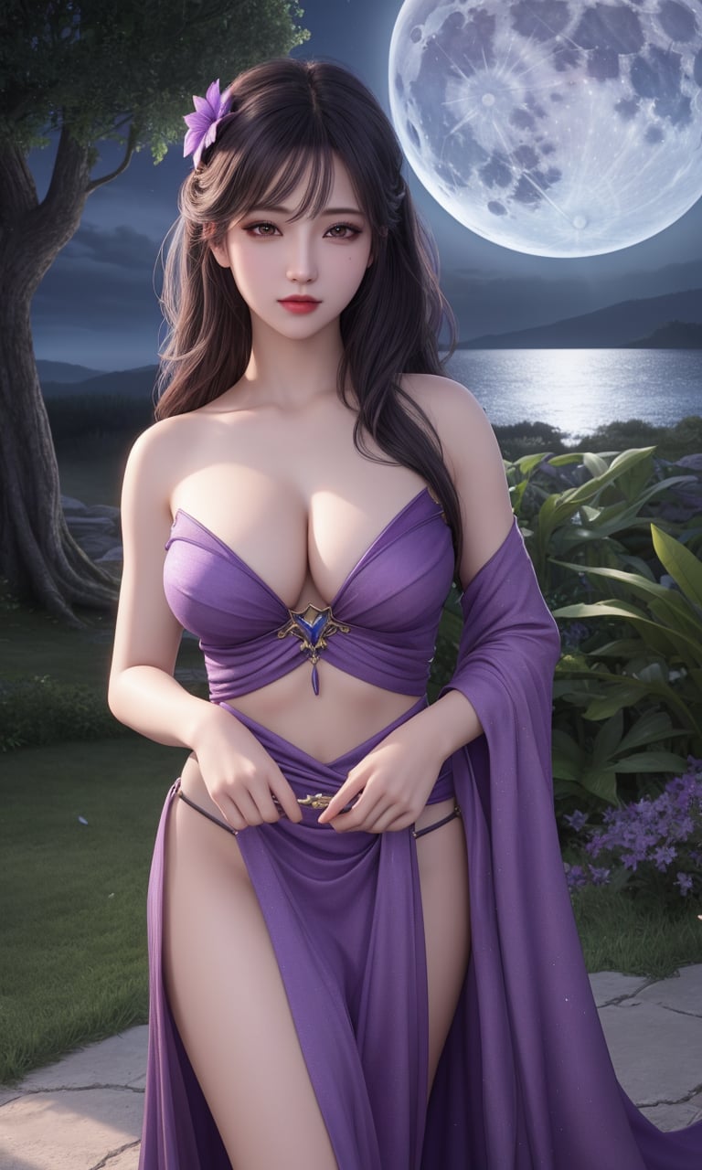 (,1girl, pov,best quality, )masterpiece, fantasy, realistic,science fiction,mole, ultra realistic 8k cg, ,tamari \(flawless\),  medium breasts,moonlight,full moon, purple flower,       (())