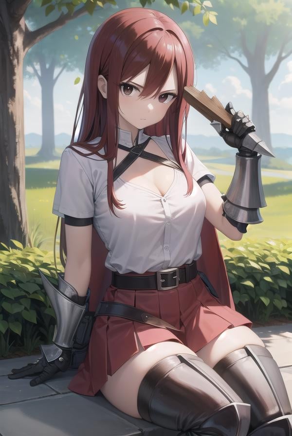 erzascarlet, <lora:erza scarlet v2-lora-nochekaiser:1>,erza scarlet, long hair, (red hair:1.5), hair between eyes, (brown eyes:1.7),BREAK skirt, thighhighs, cleavage, boots, belt, sword, cape, armor, gauntlets, armored boots, greaves, knight,BREAK outdoors, forest, nature, sky, sun, clouds, trees, grass,BREAK looking at viewer,BREAK <lyco:GoodHands-beta2:1>, (masterpiece:1.2), best quality, high resolution, unity 8k wallpaper, (illustration:0.8), (beautiful detailed eyes:1.6), extremely detailed face, perfect lighting, extremely detailed CG, (perfect hands, perfect anatomy),