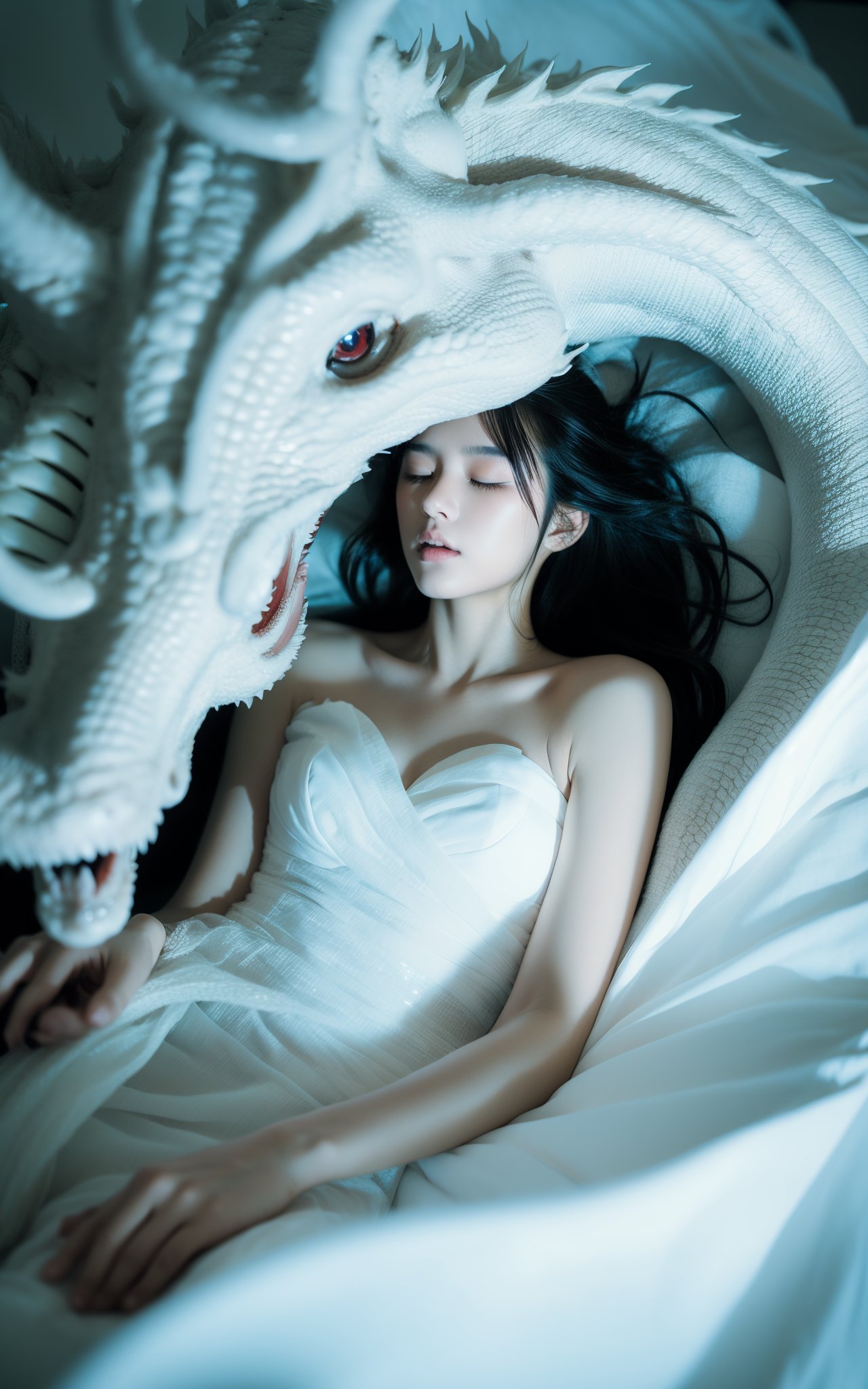 a woman is laying down in a white dress with a dragon head on her chest and arms around her,1girl,black hair,dress,closed eyes,realistic,white dress,long hair,monster,horns,bare shoulders,demon,