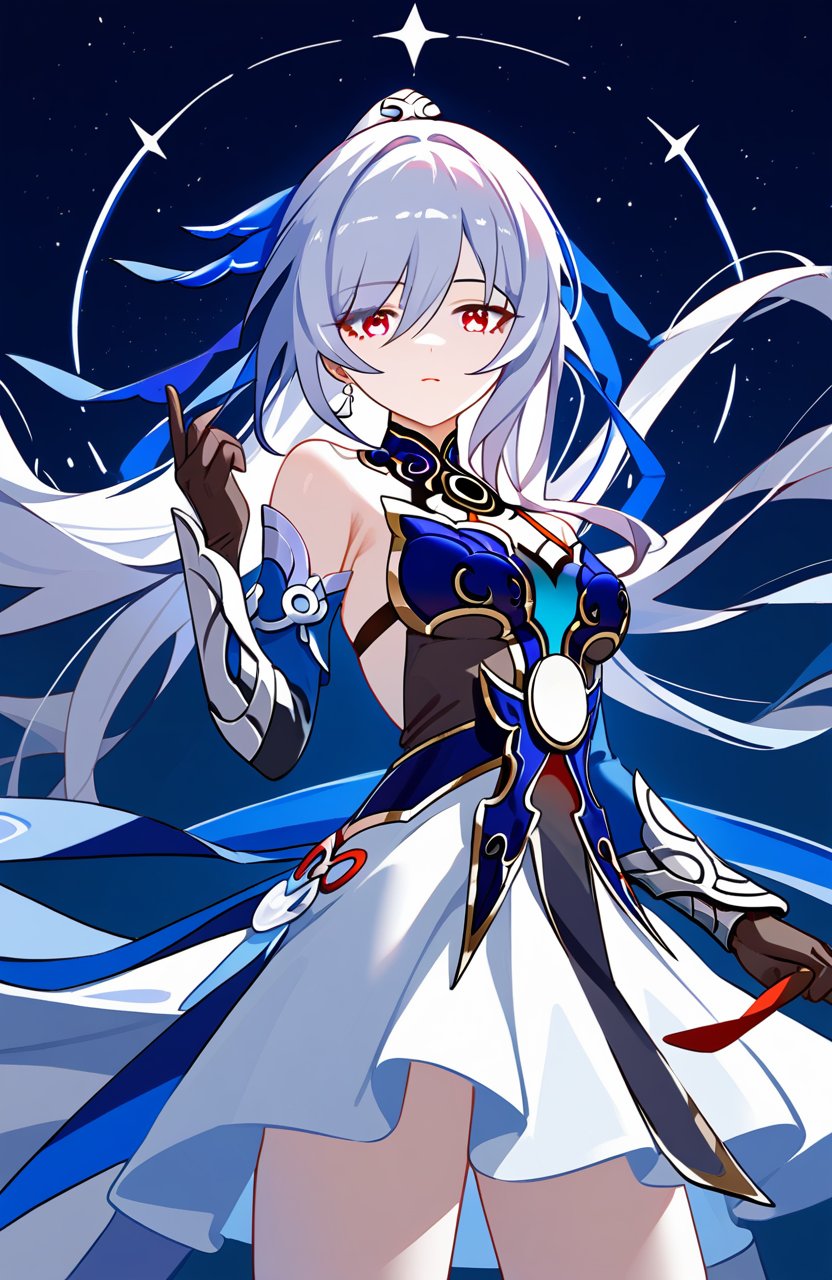 <lora:镜流2pony:1>,jingliu,a girl named jingliu,jingliu (honkai: star rail),1girl,bare shoulders,high ponytail,detached sleeves,looking at viewer,white skirt,black gloves,blue dress,best quality,starry sky,, (score_9,score_8_up,score_7_up),(masterpiece,best quality,high quality:1.2),absurdres, 4k, uncensored, prefect lighting, rating_explicit, very aesthetic, anime BREAK