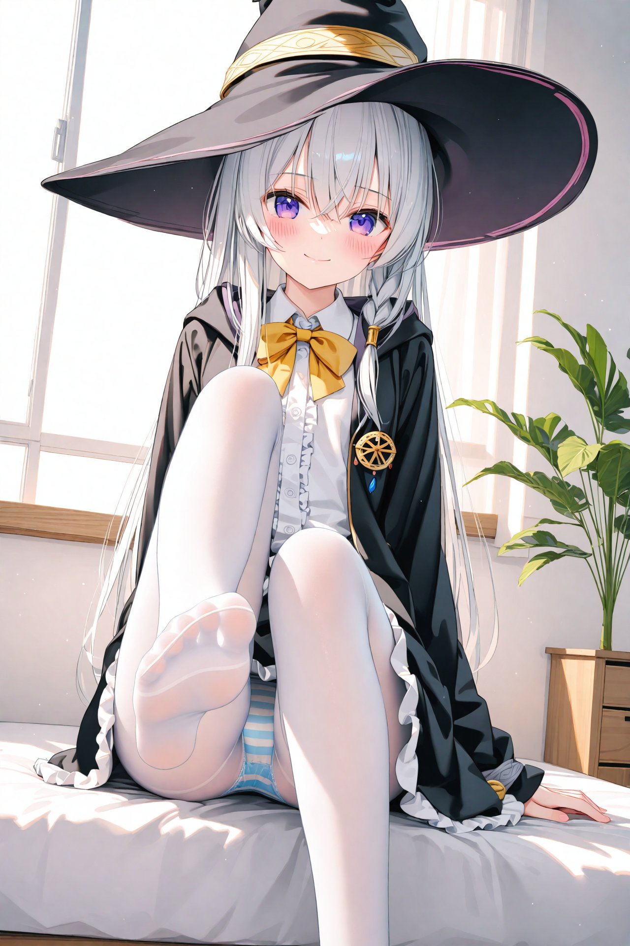 masterpiece,best quality,illustration,ultra detailed,hdr,Depth of field,(colorful),[iumu],[Artist chen bin],nai3 Style,elaina (majo no tabitabi),1girl,feet,pantyhose,striped clothes,solo,striped panties,underwear,panties,toes,soles,hat,long hair,purple eyes,looking at viewer,witch hat,no shoes,shirt,smile,white pantyhose,legs,blush,skirt,white shirt,foot focus,bow,sitting,frilled skirt,black headwear,yellow bow,panties under pantyhose,frills,braid,white hair,yellow bowtie,robe,indoors,black robe,collared shirt,closed mouth,hair between eyes,black skirt,bowtie,plant,grey hair,foot out of frame,window,presenting foot,knee up,sleeveless,