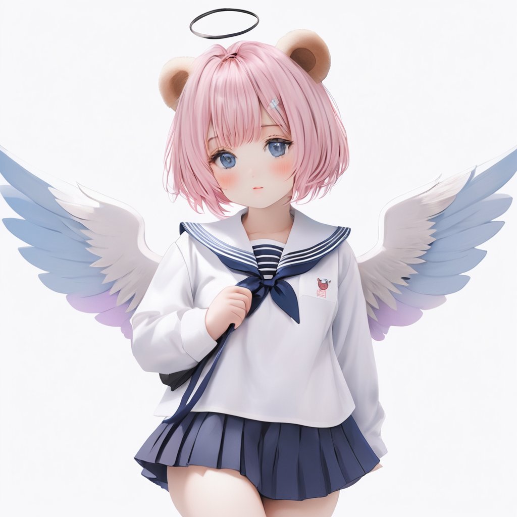 <lora:厚涂风格-000007:0.8>,1girl,solo,mini wings,blue eyes,pink hair,white sailor collar,bangs,looking at viewer,stuffed toy,short hair,stuffed animal,wings,mole,upper body,mole under mouth,sailor collar,closed mouth,white background,teddy bear,shirt,simple background,detached wings,bob cut,off shoulder,holding,school uniform,animal ears,serafuku,white shirt,