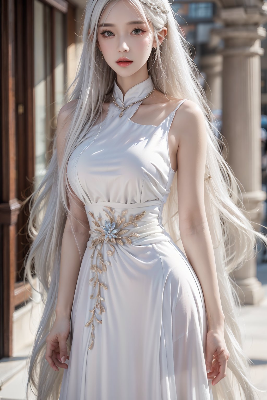 masterpiece,best quality,1 girl,solo,ultra detailed,waist up,long white hair,fashionable accessories,dress,<lora:more_details:0.4>,<lora:888:0.7>,