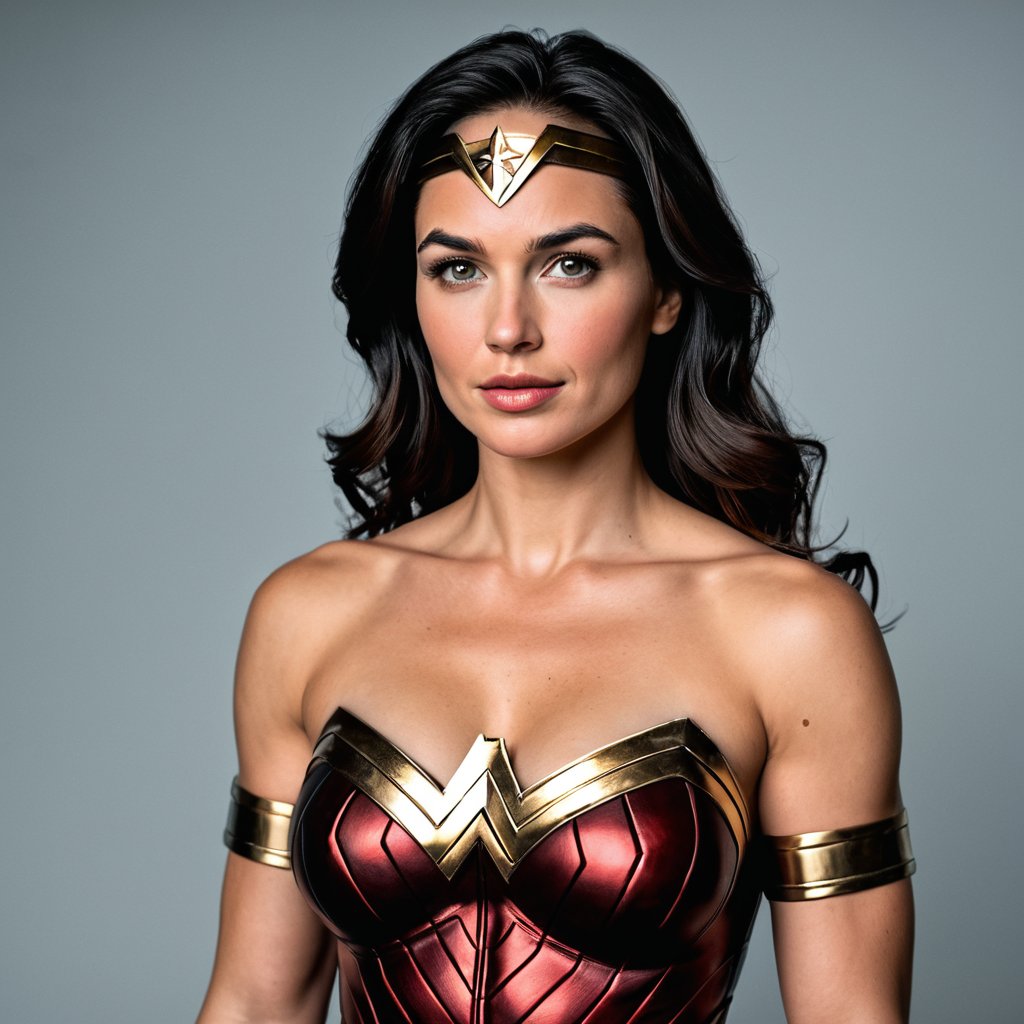 [realistic,photorealistic],(wonder woman),[heroine],[from dc],[metalic],[muscular],[slim]