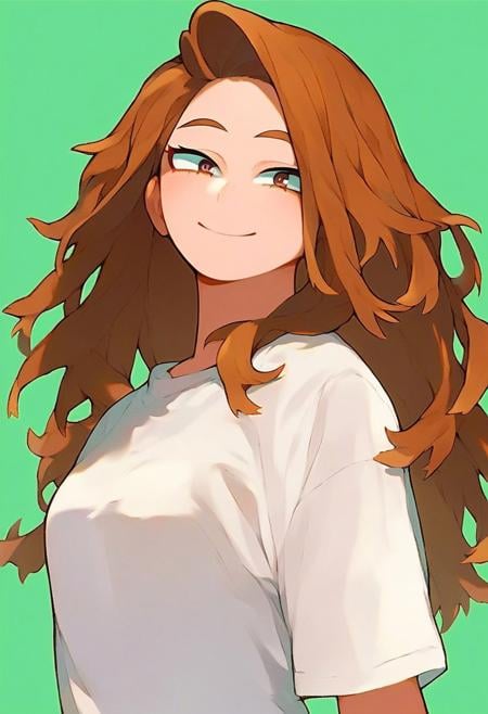 score_9, score_8_up, score_7_up, source_anime, solo, 1girl, brown hair, long hair, brown eyes, white shirt, smile, half body, looking at viewer, standing, light green background, Kohei Horikoshi, My Hero Academia, thick lineart, no pose