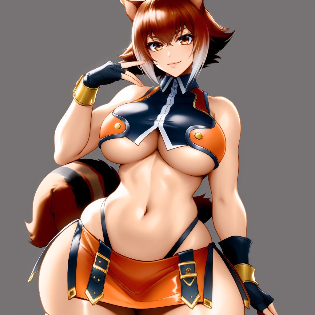 (masterpiece, best quality:1.3), TheGoldenSmurf, 1girl, solo, looking at viewer, wide hips, mature female, closed mouth, simple background, colorful background, seductive smile, large breasts, cowboy shot, thick thighs,  <lora:TheGoldenSmurf Style Lora:.9>, makoto_nanaya, animal ears, squirrel girl, squirrel ears, short hair, squirrel tail, tail, antenna hair, crop top, underboob, gloves, navel, midriff, skirt, fingerless gloves, revealing clothes, orange skirt, bare shoulders, black thighhighs, thighhighs  <lora:makoto_nanaya:.8>