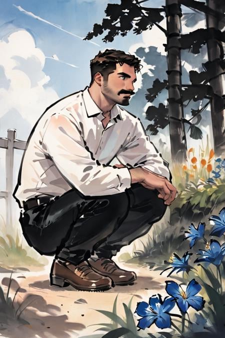 score_9, score_8_up, score_7_up, score_6_up, score_5_up, score_4_up, rating_safe, 1boy, solo, shirt, male focus, outdoors, flower, white shirt, shadow, squatting, facial hair, pants, collared shirt, black pants, grass, long sleeves, short hair, day, black hair, brown hair, blue flower, mustache, shoes, brown footwear, sky <lora:Ink Style LoRA XL:1>