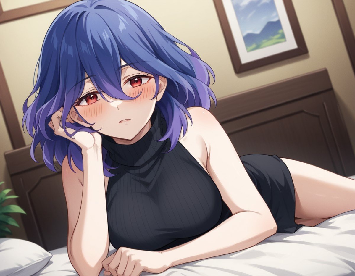 score_9, score_8_up, score_7_up, source_anime,vermeil, <lora:vermeil-s1-ponyxl-lora-nochekaiser:1>,vermeil, red eyes, hair between eyes, blue hair, purple hair, multicolored hair, medium hair,sweater, bare shoulders, sleeveless, turtleneck, black sweater, thighs,indoors, bed, bed room, on side, blush, drunk,looking at viewer, cowboy shot, solo, dutch angle,