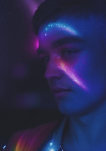 Highly detailed, Cinematic Portrait focus, 1boy, juicy twunk in space, face focus, looking at viewer, (glitter makeup:0.9), glitter lipstick, rainbow, nebula, 8k, octane, (GS-Boyish:0.3)