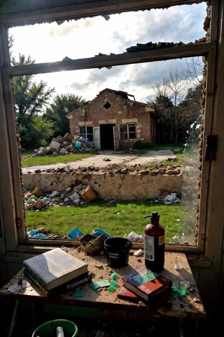 RAW photo,subject,8k uhd,dslr,soft lighting,high quality,film grain,Fujifilm XT3,,,ruanyi0056,book,book stack,bottle,box,broken,broken glass,broken window,bucket,building,cardboard box,chair,chalkboard,classroom,curtains,debris,desk,door,glass,grass,indoors,industrial pipe,messy room,pillar,rock,rubble,ruins,school,school desk,shelf,stone wall,stool,table,trash can,wall,water,dirty,reflection,dirt,dust,no humans,<lora:detail_slider_v4:1>,<lora:0056 abandoned school_v2:1>