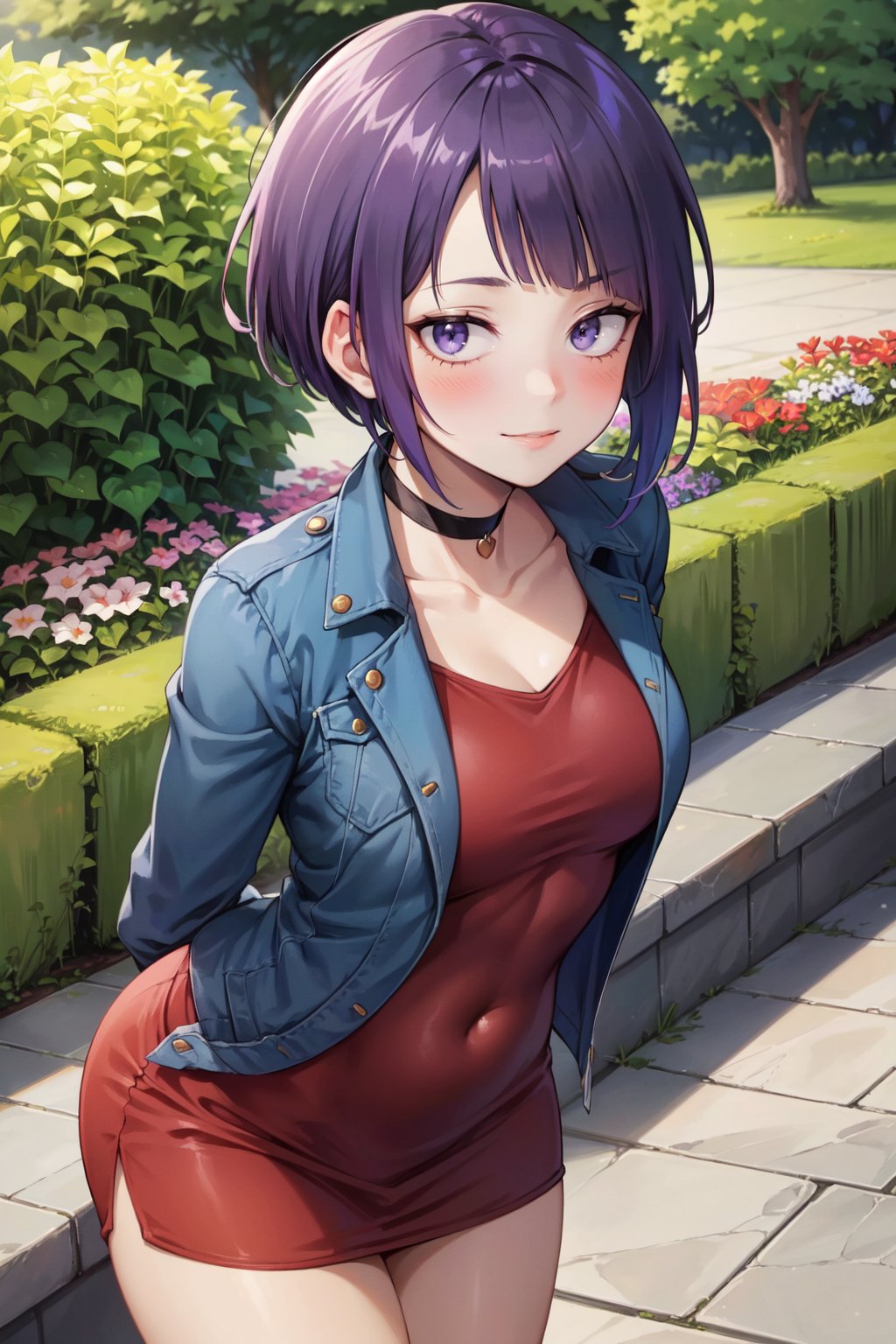 (best quality, ultra detailed), ((full-face blush)), (detailed background:1.2), (perfect face, detailed face), looking at viewer, (mature female:1.4), smile<lora:jirou_kyouka-10:0.9> jirou_kyouka, short hair, blunt bangs, purple hair, shirt, navel, choker, collarbone, jacket, purple eyes, medium breasts(garden, outdoors, thighs, leaning forward, arms behind back, )  