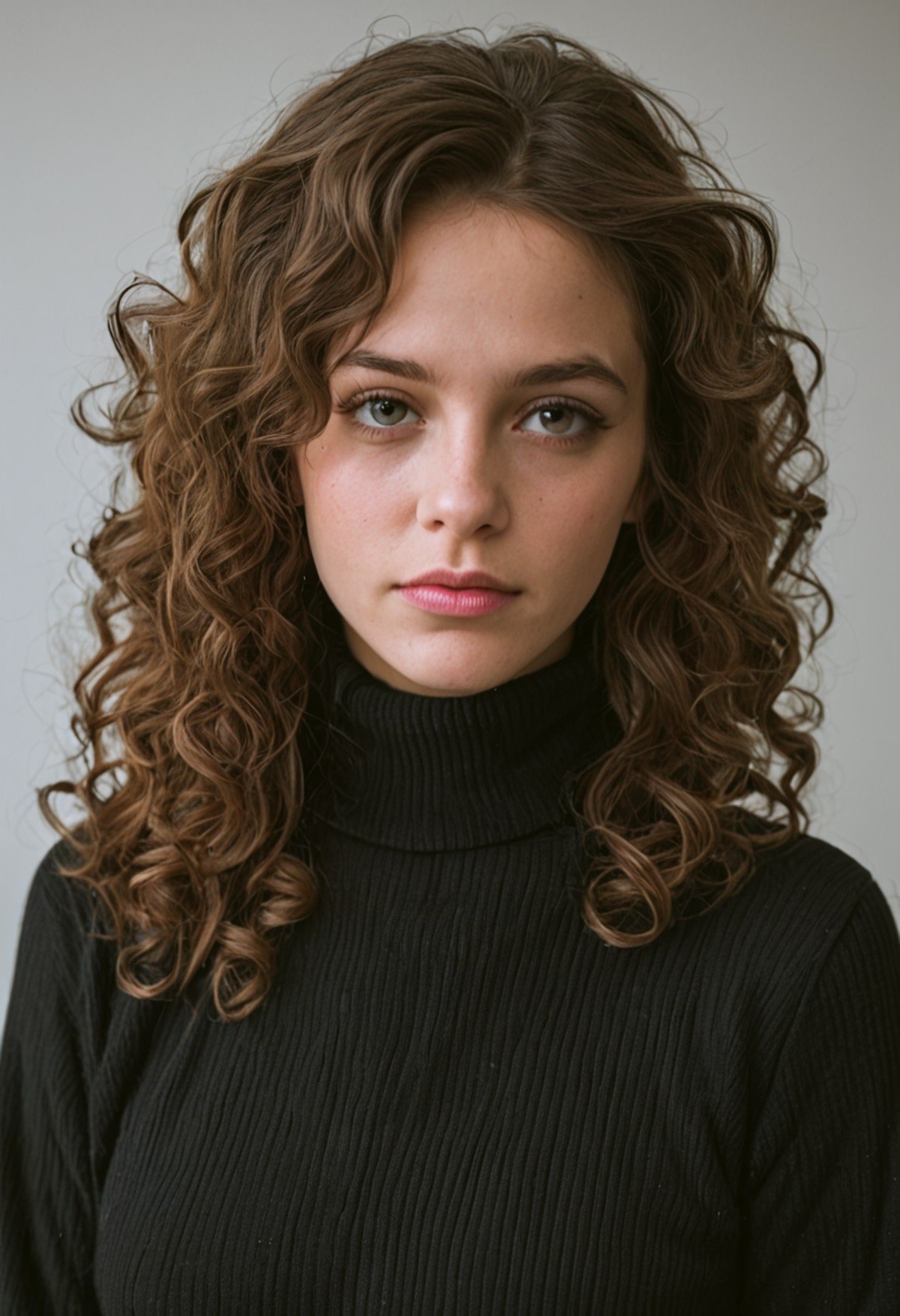 score_9, score_8_up, score_7_up, score_6_up, BREAK , source_real, raw, photo, realistic BREAK an woman,clean skin,wearing a black turtleneck sweater,soft hair,black long curly hair,looking at the camera,