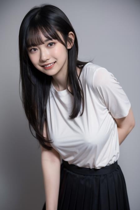 1girl,solo,skirt,smile,shirt,looking at viewer,long hair,white shirt,bangs,arm behind back,simple background,mole,pleated skirt,black hair,grin,grey skirt,short sleeves,holding,blunt bangs,grey background,teeth,brown hair,shirt tucked in,realistic,t-shirt,best quality,masterpiece,illustration,an extremely delicate and beautiful,CG,unity,8k wallpaper,Amazing,finely detail,masterpiece,official art,extremely detailed CG unity 8k wallpaper,incredibly absurdres,huge filesize,ultra-detailed,highres,extremely detailed,beautiful detailed girl,realistic,outdoors,light contrast,<lora:Kaho Fujishima:0.8>,