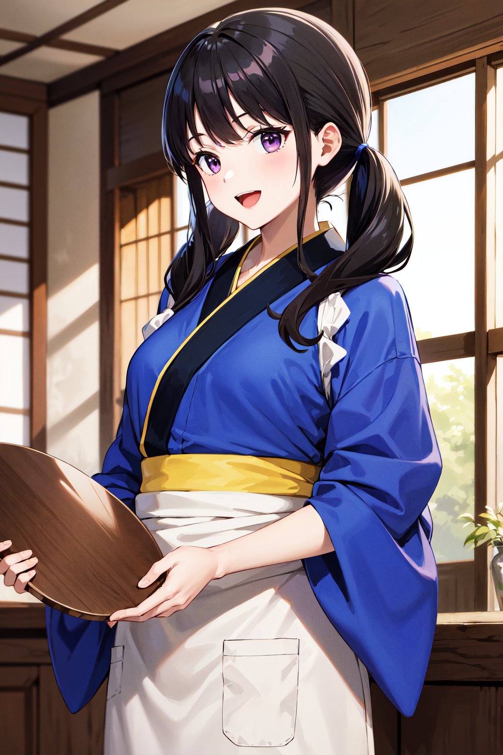 masterpiece, best quality, highres, aatakina, long hair, twintails, black hair, breasts, japanese clothes, (blue kimono:1.2), tasuki, long sleeves, sash, (brown apron:1.2), <lora:inoue_takina_v1:0.7>, indoors, smile, holding tray, open mouth