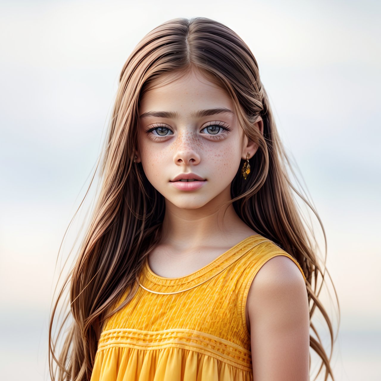best quality, extra resolution, wallpaper looking at viewer, full body portrait of beautiful (AIDA_LoRA_RiWo:1.08) <lora:AIDA_LoRA_RiWo:0.95> in (simple yellow dress:1.1), [little girl], glossy skin with visible pores and freckles, pretty face, intimate, cinematic, dramatic, composition, kkw-ph1, (colorful:1.1), (studio photo:1.1), (simple white background:1.1)