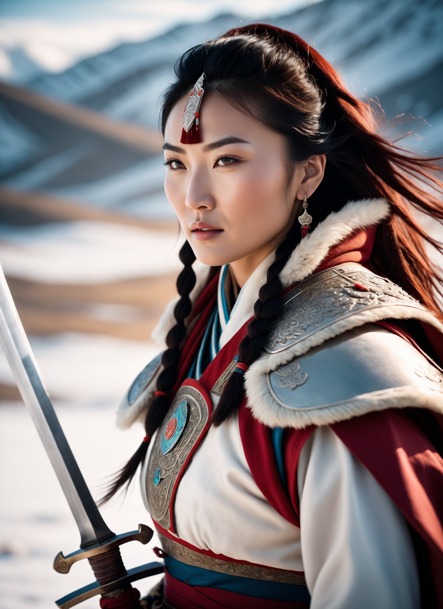 photorealistic cinematic still Medium format raw photography, (Mongolian warrior woman:1.2), Centered composition, Regal armor, Ferocious wolf, (Glistening sword:1.2), Ethereal white backdrop, Nomadic strength, Vibrant details, Mystical aura, Soft color palette, Inspired by "Howl's Moving Castle" . emotional, harmonious, vignette, highly detailed, high budget, bokeh, cinemascope, moody, epic, gorgeous, film grain, grainy . highly detailed, lifelike, precise, accurate