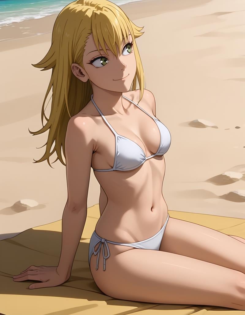 <lora:Kikoru:1>, shinomiya kikoru, solo, smile, bikini, sitting, looking away, closed mouth smile, hands behind, leaning back, relaxed, hair down, beach