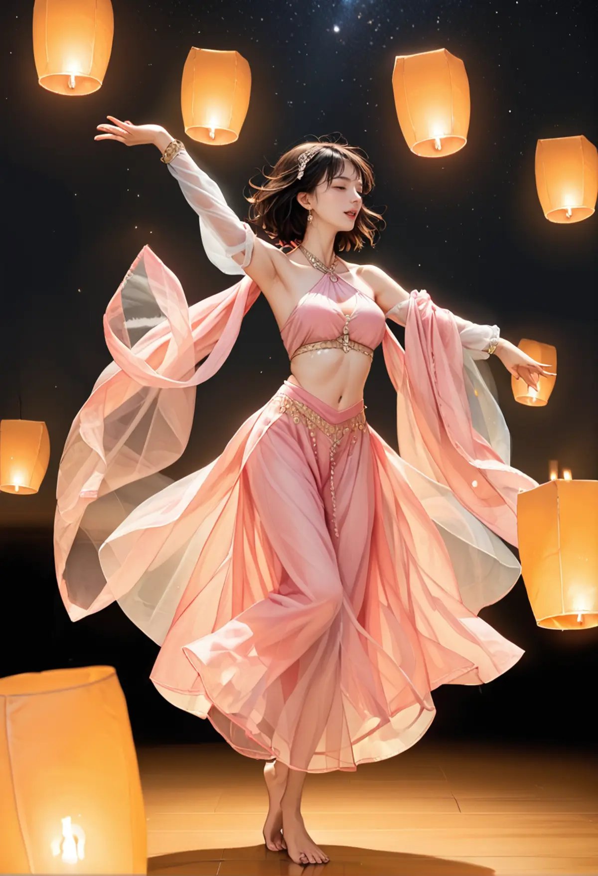 ,ruanyi0799,lantern,glowing,night sky,no humans,dancing,barefoot,,ruanyi0755,halterneck,pink dress,see-through,detached sleeves,jewelry,navel,shawl,<lora:0799 Kongming lantern_v1_pony:1>,<lora:0755 Dunhuang Goddess_v1_pony:0.8>, score_9,score_8_up,score_7_up,,8k,1girl,solo,,