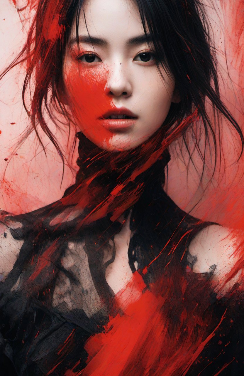 abstract portrait of 1girl,undefined gender,fragmented visual style,red and black color palette,evokes feelings of rebellion,passion,and freedom,blurred boundaries,high resolution,aesthetic,<lora:LCM&TurboMix:1>,