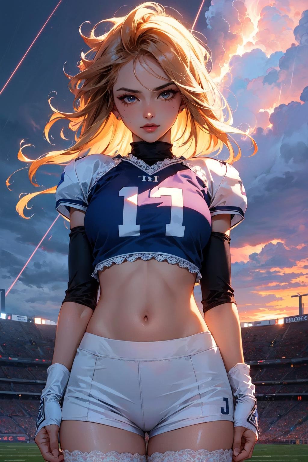 (masterpiece, best quality, hires, high resolution:1.2), (beautiful, aesthetic, perfect, delicate, intricate:1.2), (cute, adorable), (depth of field:1.2), (2girls, couple), (two sexy american football players), (natural breasts), (eyeshadow, eyeliner, glossy lips), (windy hair), midriff, navel, (carossed arms), (lace stockings), (shoulder pads), (at stadium), (into the storm:1.4), (cowboy shot:1.4), <lora:RageUnleashed:0.4>, r1ge,