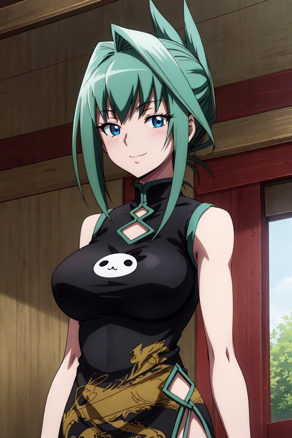 TaoJun, 4k, absurd, high resolution, very high resolution, high definition, masterpiece, green hair, chinese clothing, chinese dress, dress, bare shoulders, sleeveless, black dress, big breasts, long hair, sleeveless dress, folded ponytail, blue eyes, upper body, looking_at_viewer, smile, blush<lora:EMS-390424-EMS:0.800000>