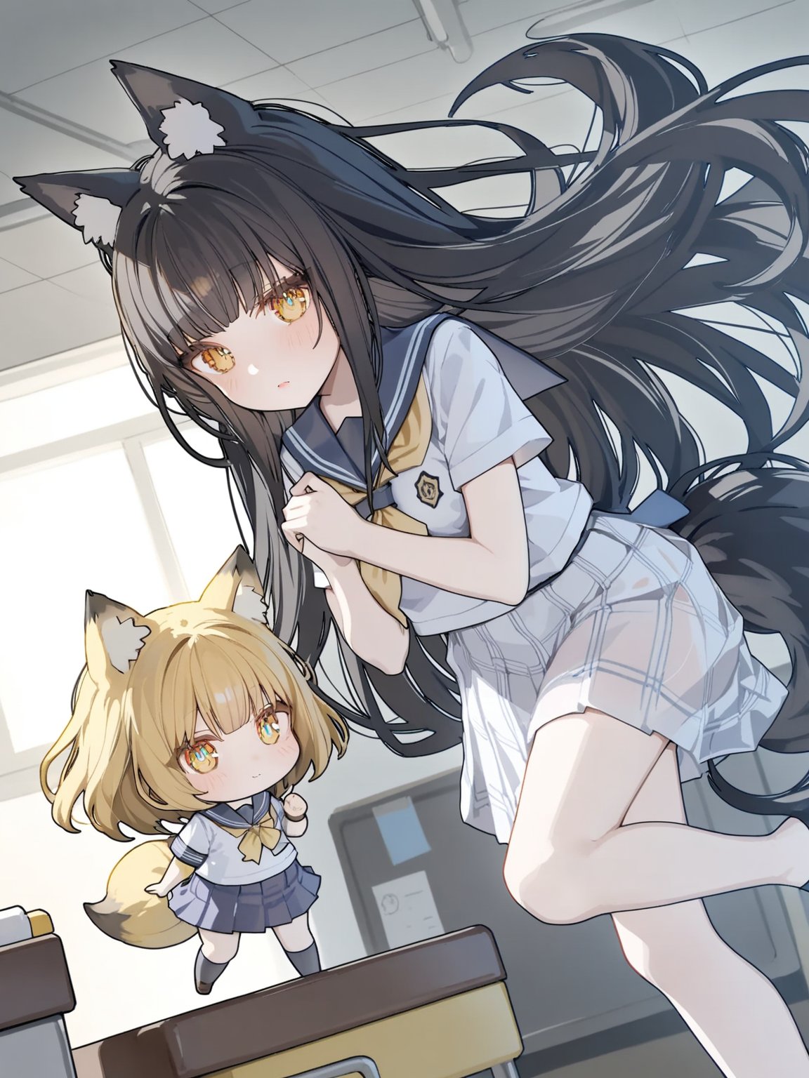 best_quality,extremely detailed details,loli,chibi,((whole_body))see-through colorful cloth,pretty face,((extremely delicate and beautiful girls)),dynamic angle,(beautiful detailed eyes),(detailed light),golden_eyes,black_hair,very_long_hair,medium breasts,microemulsion,fox_ears,fox_tails,fox_girl,shorty,cuteface,babyface,bare_foot,(((school_uniform))),