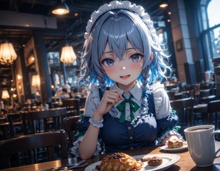 1girl,izayoi sakuya,touhou, smile open mouth, (blue theme:1.7),gray eyes,maid outrift,sitting,looking at viewer,holding coffee cup, coffee,sweets, plate, fork, knife, table, chair, table,restaurant, (Depth of field, hdr, cinematic angle, cinematic lighting,backlighting,ray light,volumetric light,:1.5),, (masterpiece:1.2), (best quality:1.2), (very aesthetic:1.2), (absurdres:1.2), (detailed background:1.1),newest,ai-generated, intricate details,