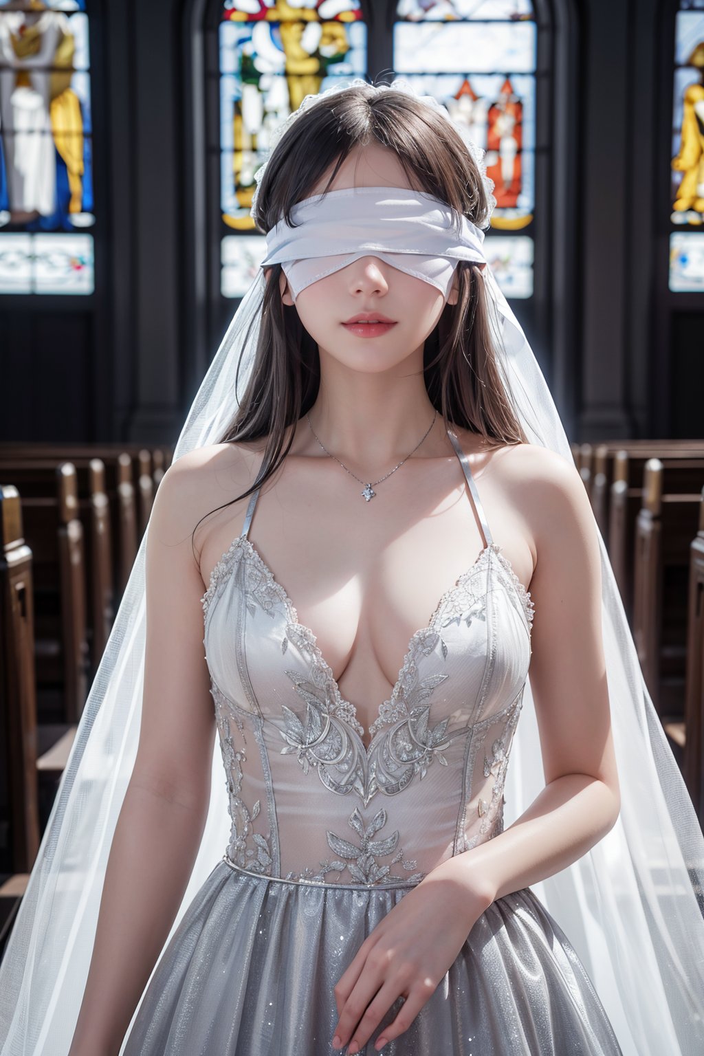 tmasterpiece, best quality,perfect detail, Unity 8k,moffcial art, Young and beautiful girl, solo, medium breasts, shiny skins, Gorgeous Hair, Long hair, Exquisite Hair, Short smile, White grid-like veil, A shy expression, sexyposture, Perfect Finger, seductive,standing on your feet,In the background is a fantastic church,As estrelas,themoon,thin fog, rim-light,Realistic light and shadow, (blindfold, silver blindfold:1.4), White silk, (upper body focus), facing_viewer, looking_at_viewer, pov_eye_contact, Beth, Pointy ears, intricate details, small details:1.4, (absurdres)