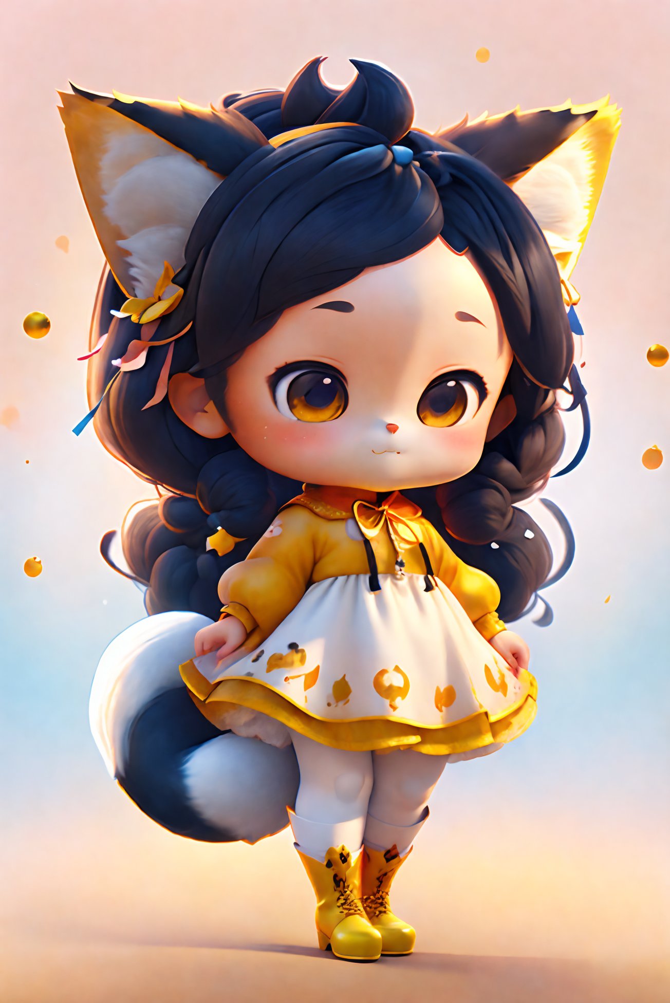 1 girl, long black hair, cat ears, (fox tail), red and white dress, blue magic ball, fox tail as background, yellow eyes, brown boots, masterpiece, best quality, masterpiece, best quality,fullbody,chibi.