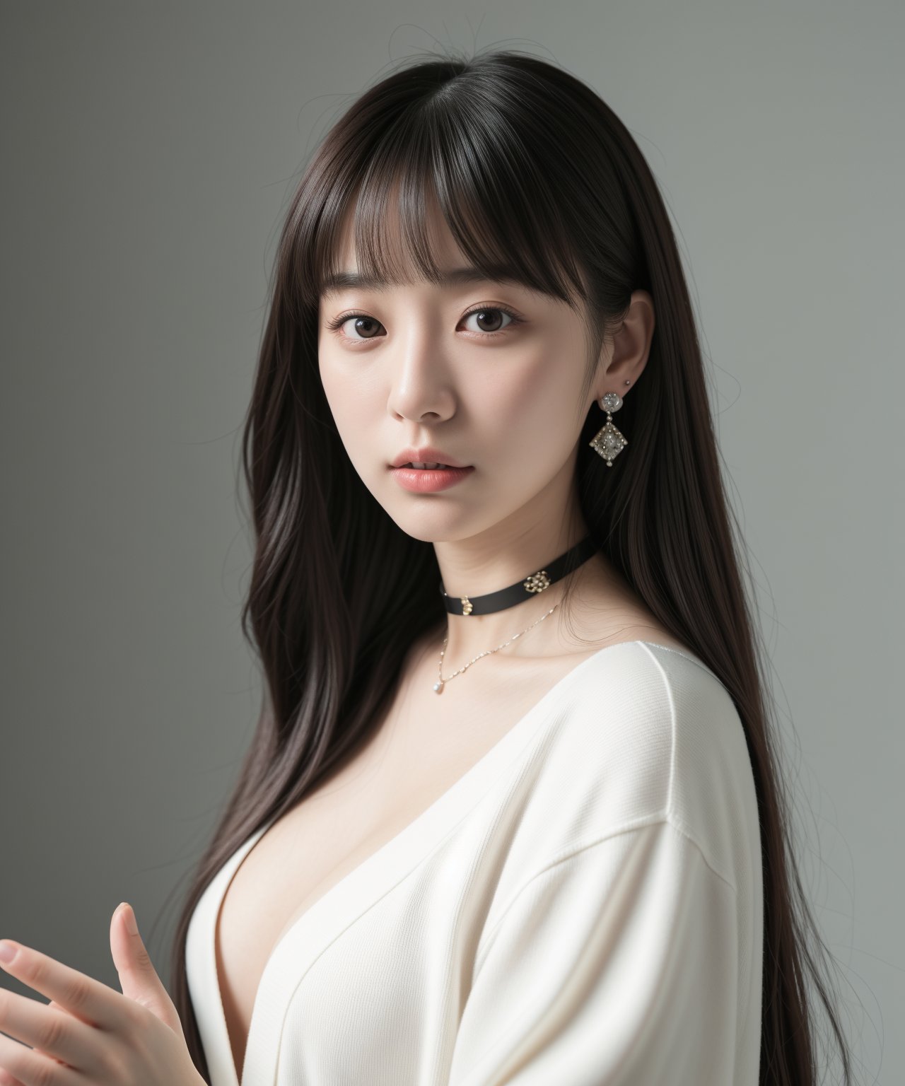 (masterpiece:1.35),(best-quality:1.4), 8k, ultra-detailed, photography, (ultra-realistic:1.4), film grain, portrait photo of 23 years old J-pop woman in white cardigan, (flowing long hair, run her hand through her hair), earrings, choker, cleavage, pale skin, (pout, thin lip), hard shadows, simple background, (instagram photo),