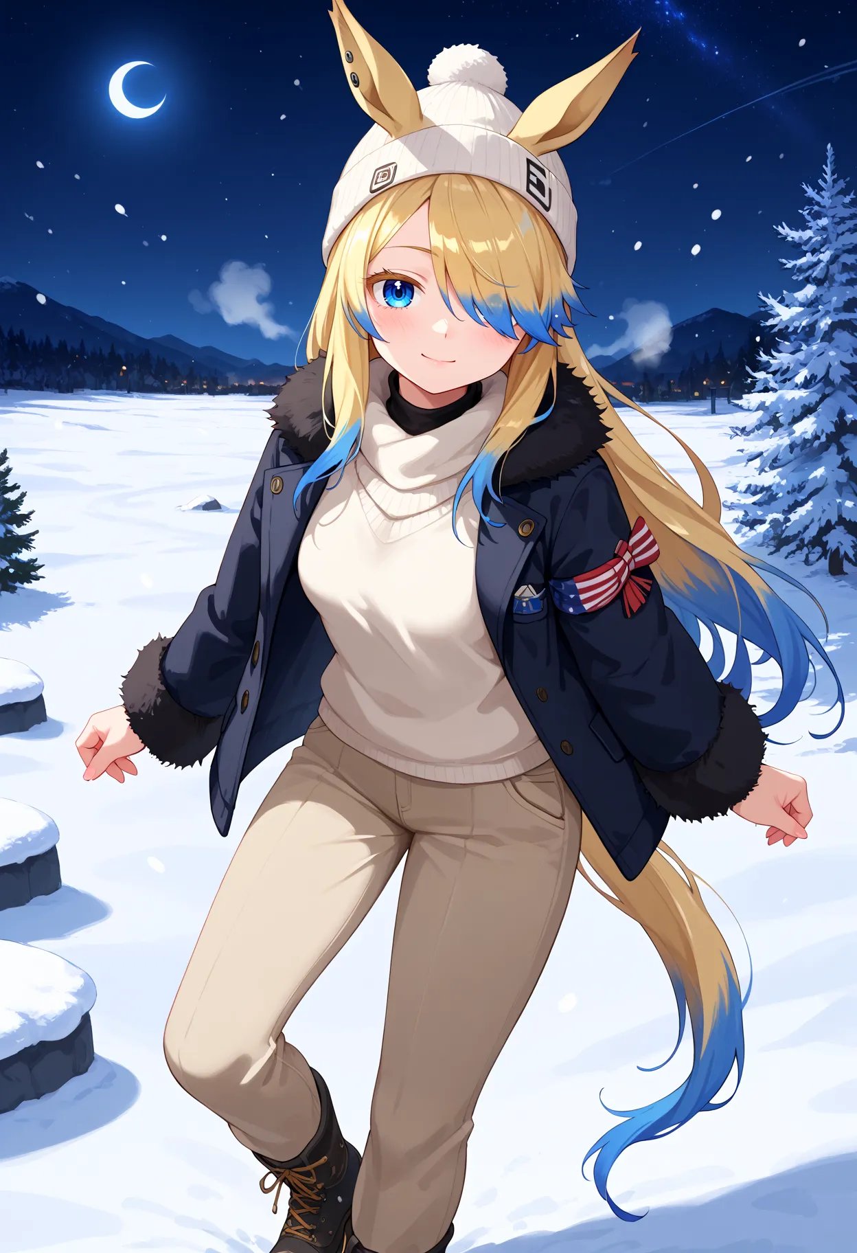 score_9, score_8_up, score_7_up, BREAK, best quality, masterpiece, very aesthetic, ultra detailed,very detailed background,BREAK,,zPDXL3,<lyco:OYM-ponyXL_locon:0.8>OYM_True, 1girl, solo, horse ears,horse tail,blonde hair, shirt, very long hair, blue hair, multicolored hair, hair over one eye, gradient hair, blue eyes,  winter,snow,starry night,fur coat,steam,blush,khaki pants,Beanie,sweater,hiking boots,muffler,night,light smile,