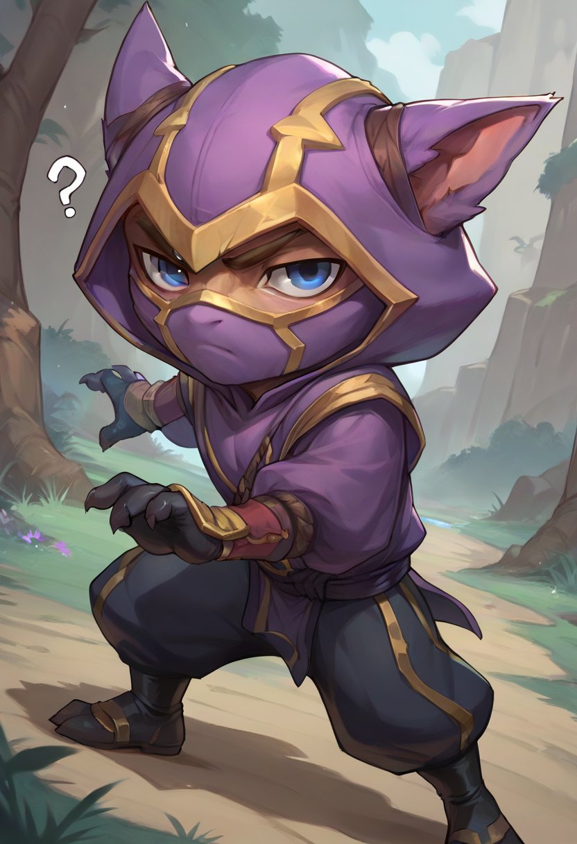 score_9, score_8_up, score_7_up, score_6_up, 1boy, solo, k3nn3n, hood, mask, yordle, solo, 1boy, male focus, hood up, blue eyes, pants, gloves, outdoors, looking at viewer, solo, from side, confused, ?, <lora:Kennen_Default_v2-000028:0.7>