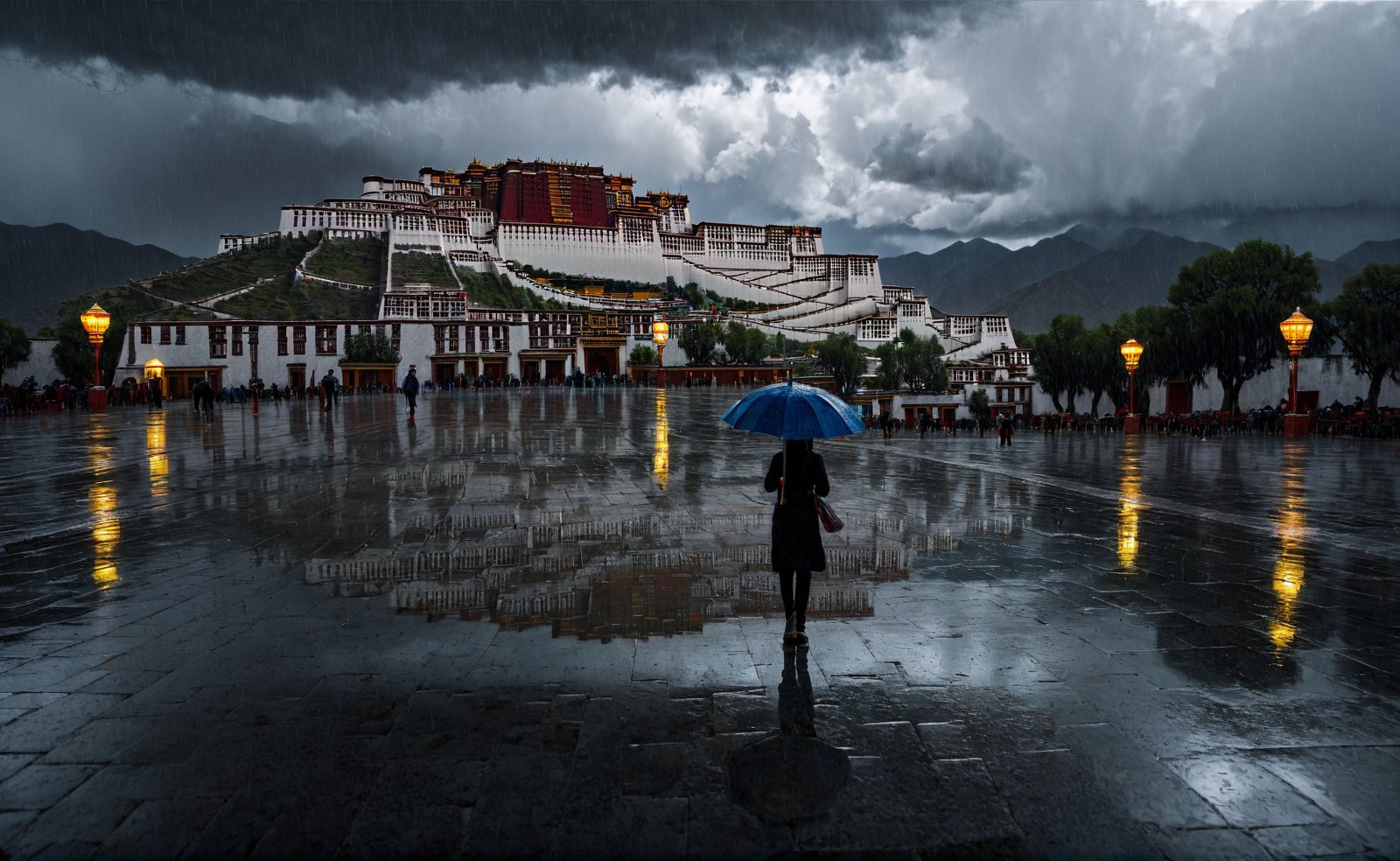 <lora:建筑-000002:0.6>,potala palace,rain,a person with umbrella,wet ground,reflection,low light,moody atmosphere,dramatic sky,dusk,street lamps,cultural,travel,lhasa,tibet,dark clouds,overcast,backlit person,mysterious mood,(1girl:1.4),