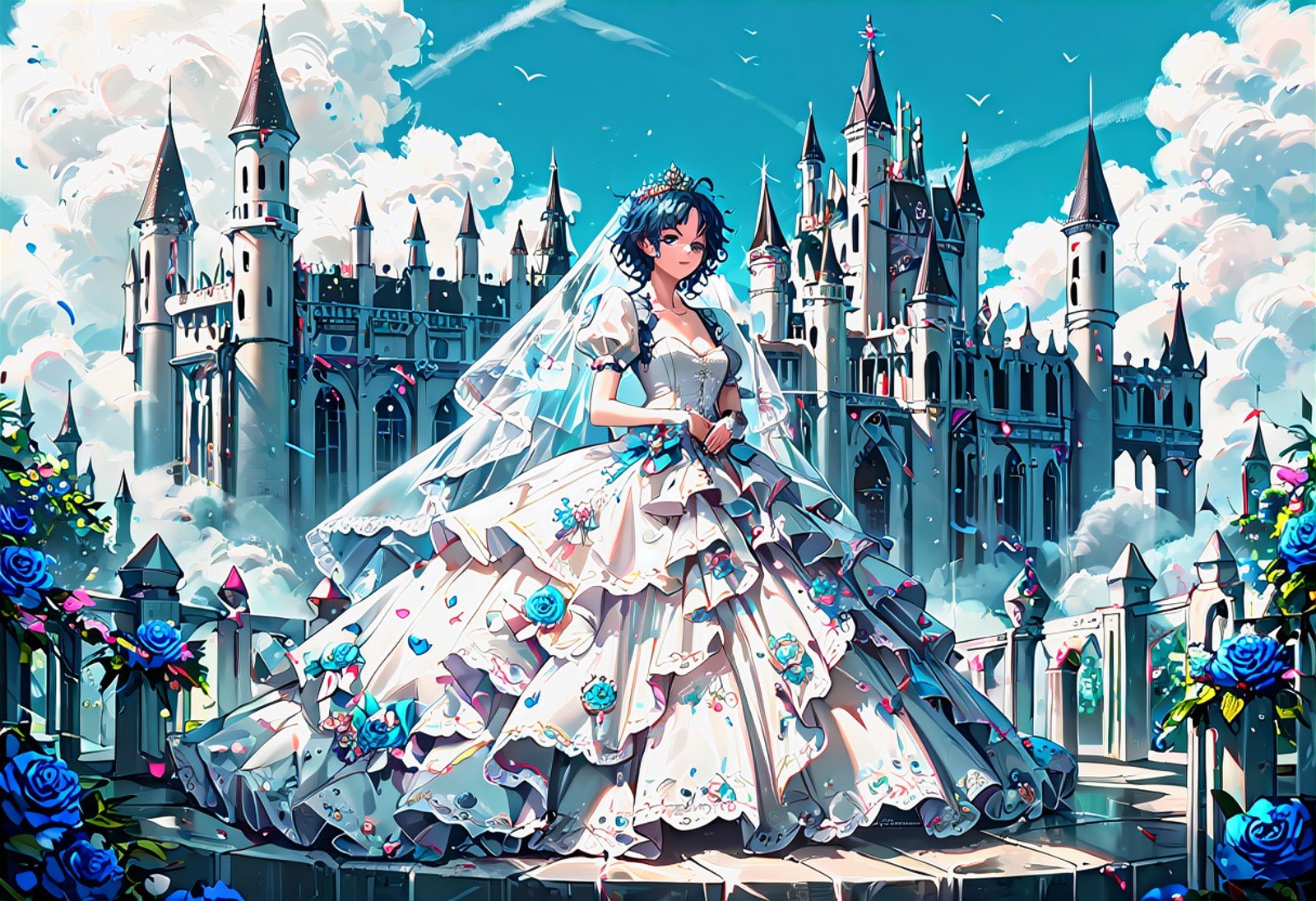 <lora:WD-XLPony_006:0.7>, 1girl, dark, messy hair, wedding dress, clothing with intricate frills and embroidery, bridal veil, luxurious clothing, castle, detailed background, incredibly absurdres, colorful, HD, hyper detailed, ultra detailed, score_9, score_8_up, score_7_up, source_anime, perfect anatomy, masterpiece, best quality, very aesthetic