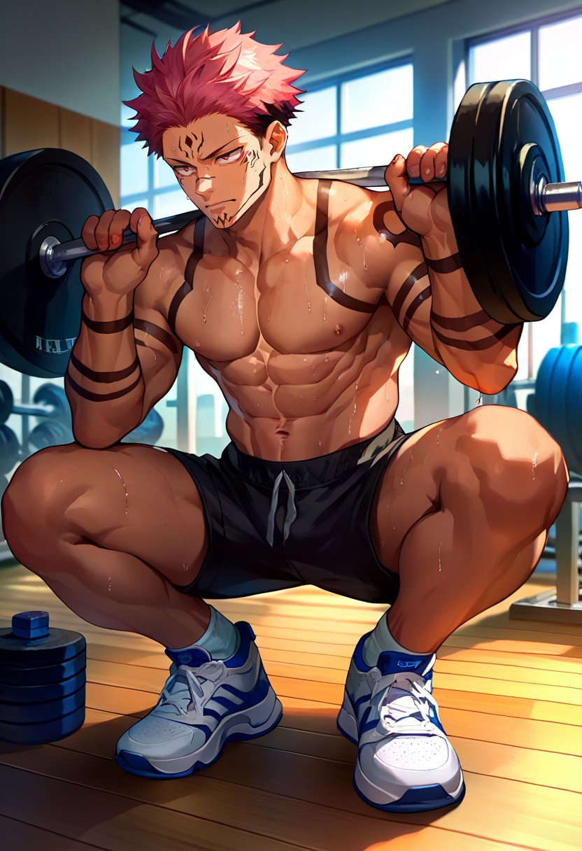 score_9, score_8_up, score_7_up, source_anime, solo, male focus, 1boy, ryomen sukuna, facial tattoo, arm tattoo, extra eyes, toned, abs, sweat, expressionless, weightlifting, squatting, topless male, black shorts, sneakers, indoors, gym <lora:jjk_sukuna_ponyXL:1>