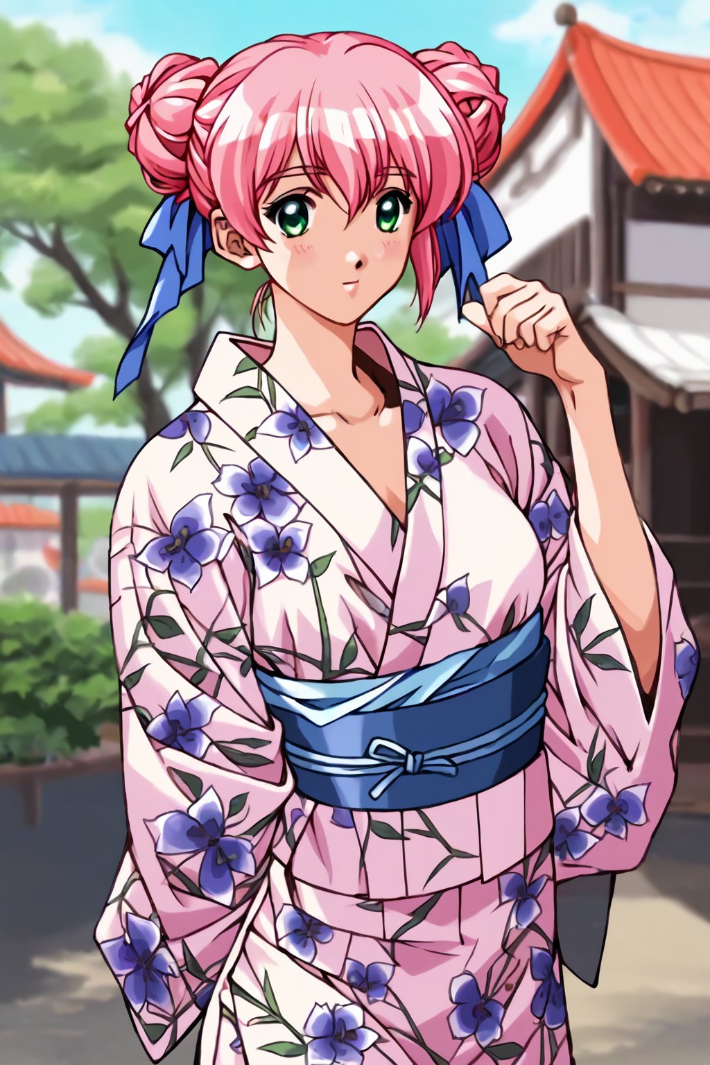 score_9, score_8_up, score_7_up, score_6_up, score_5_up, score_4_up, source_animesaeki kanako, 1girl, pink hair, green eyes, hair bun, double bun, hair ribbon, blue ribbon, solo, sash, obi, kimono, yukata, kanako_yukata, cowboy shot, hands behind back,masterpiece, perfect face, best quality, beautiful girl, blurry background, cute girl, beautiful eyes, shiny eyes, anime coloring, anime screencap, absurdres, outdoors.  <lora:saeki kanako hoseki 820 1:0.8>