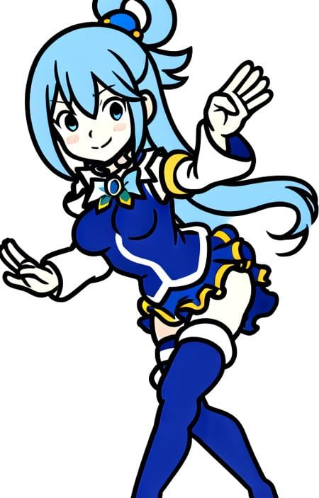 aqua \(konosuba\), {Masterpiece}, High Quality, 1girl, blue eyes, blue footwear, blue hair, blue thighhighs, blush, boots, breasts, bubble, detached sleeves, hair ornament, hair rings, leg up, long hair, looking at viewer, medium breasts, open hand, single hair ring, skirt, smile, solo, standing, standing on one leg, thigh boots, thighhighs, very long hair, white thighhighs, kono subarashii sekai ni shukufuku wo!, <lora:RhythmHeavenV1.1:0.7>, <lora:aqua_konosuba-000035:0.6>