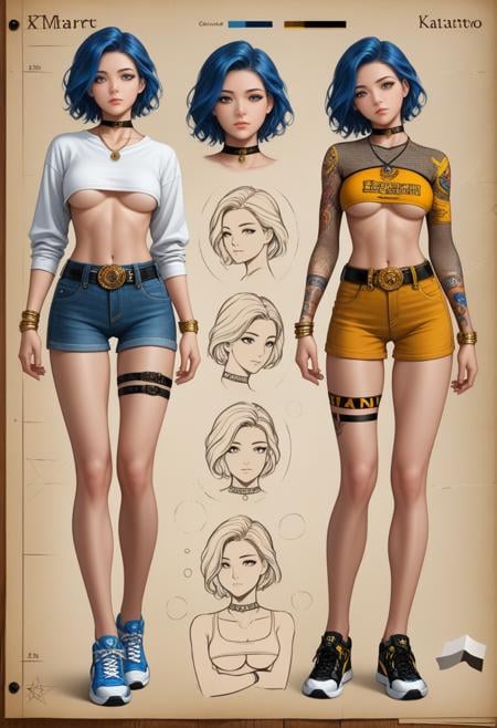 (technical diagram:1.4),(character design sheet:1.4),(nsfw),woman as Margaret Qualley,tall,fit,long_legs,(strong_legs),underboob,sneakers,japanese_tattoos,gold_bodypaint long_sleeves,fishnet,belt,thigh straps,choker,jewelry,bracelet,necklace,gold,[white|blue]_hair,sleepy,crossed_arms,detailed_face,perfect_eyes,head tilt,paper wall,(intricate,highly detailed,8K,masterpiece),ukiyo-e,