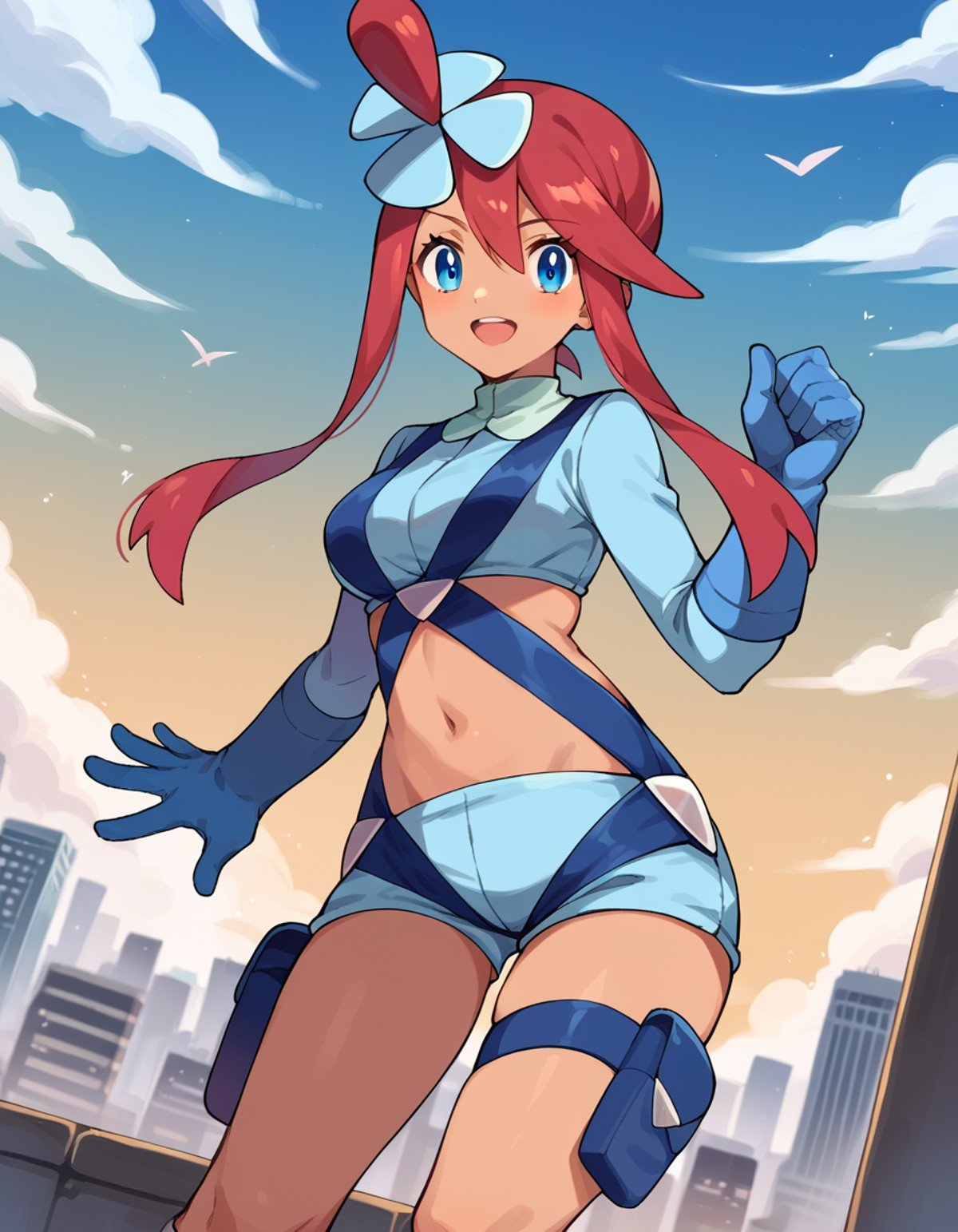 score_9, score_8_up, score_7_up, source_anime,pokemonskyla, <lora:pokemon-skyla-ponyxl-lora-nochekaiser:1>pokemonskyla, blue eyes, hair ornament, one side up, red hair, short hair with long locks, sidelocks,blue footwear, blue gloves, blue jacket, blue shorts, boots, crop top, cropped jacket, gloves, jacket, midriff, navel, short shorts, shorts, thigh pouch,outdoors, cityscape,looking at viewer, cowboy shot, dutch angle,