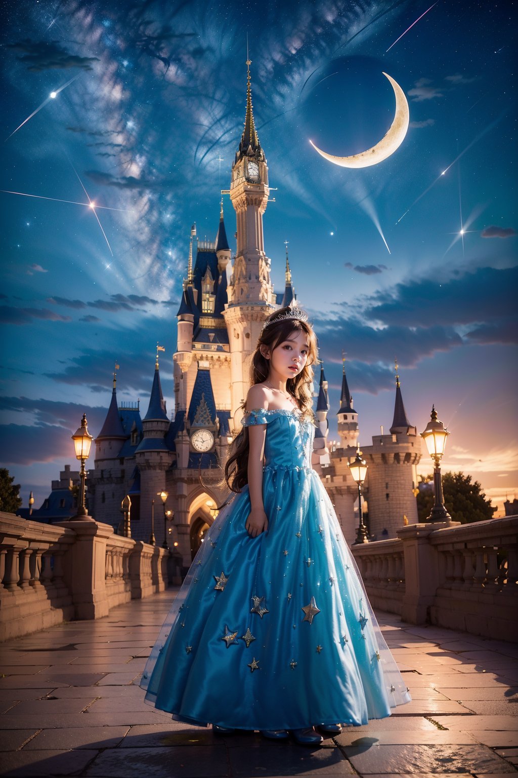 (5 year old girl:1.3),1girl,dress,clock,night,sky,blue dress,solo,tower,moon,castle,tiara,clock tower,crescent moon,night sky,long hair,star (sky),own hands together,bare shoulders,brown hair,outdoors,v arms,long dress,starry sky,standing,lamppost,strapless dress,looking at viewer,princess,building,blue eyes,tree,crescent,jewelry,off-shoulder dress,shooting star,cloud,scenery,hair ornament,strapless,pavement,full body,<lora:HUIGUNIANG_20240420203954:0.8>,