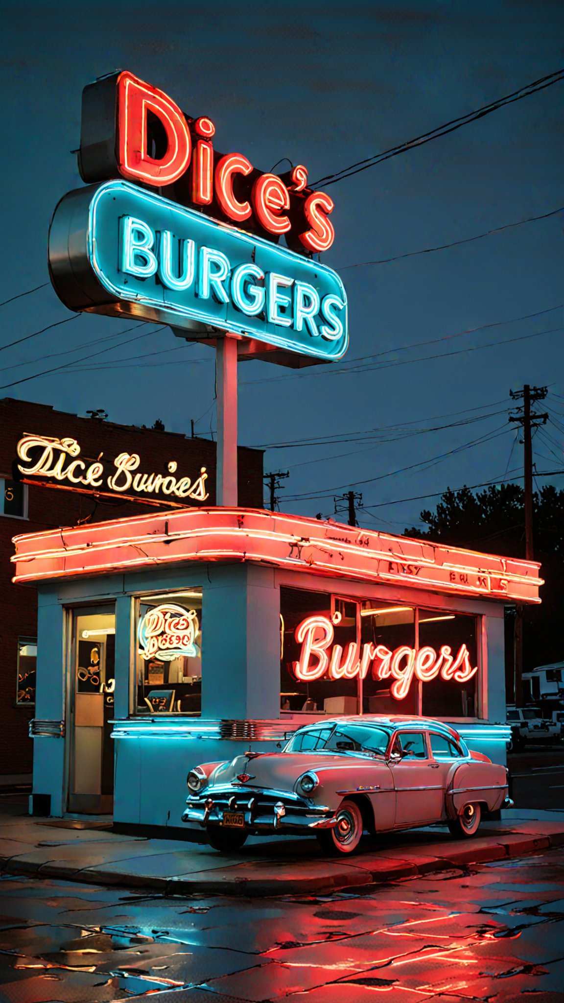 "A vintage 1950s-style diner with a neon sign in the window that reads "Dice's Burgers & Shakes - Est. 1952"."