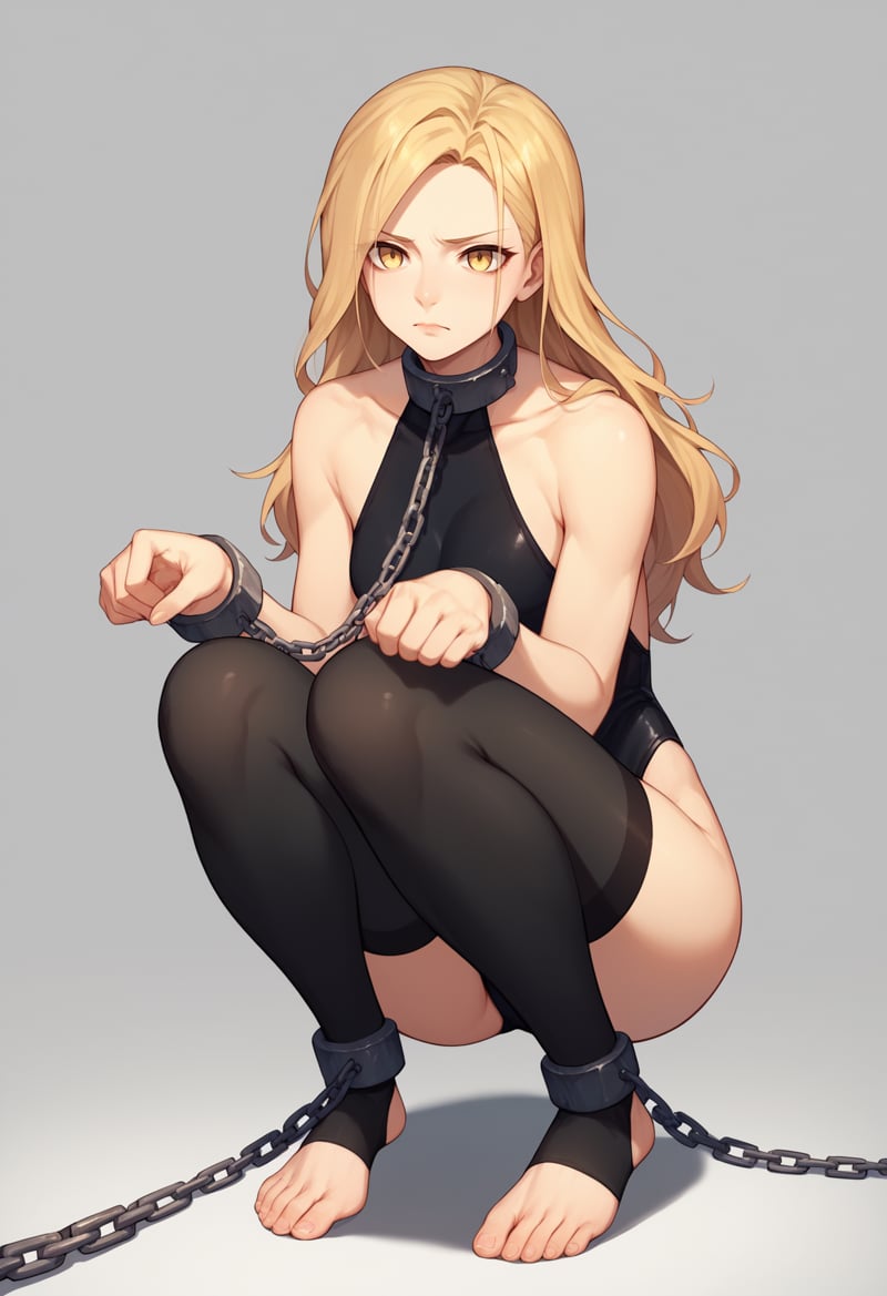 score_9, score_8_up, score_7_up, score_6_up, score_5_up, score_4_up, BREAK1girl, kisara, blonde hair, long hair, yellow eyes,squatting, chained collar, chain, leotard, foot focus, toes, stirrup stockings, solo, simple background <lora:KisaraXL:1>