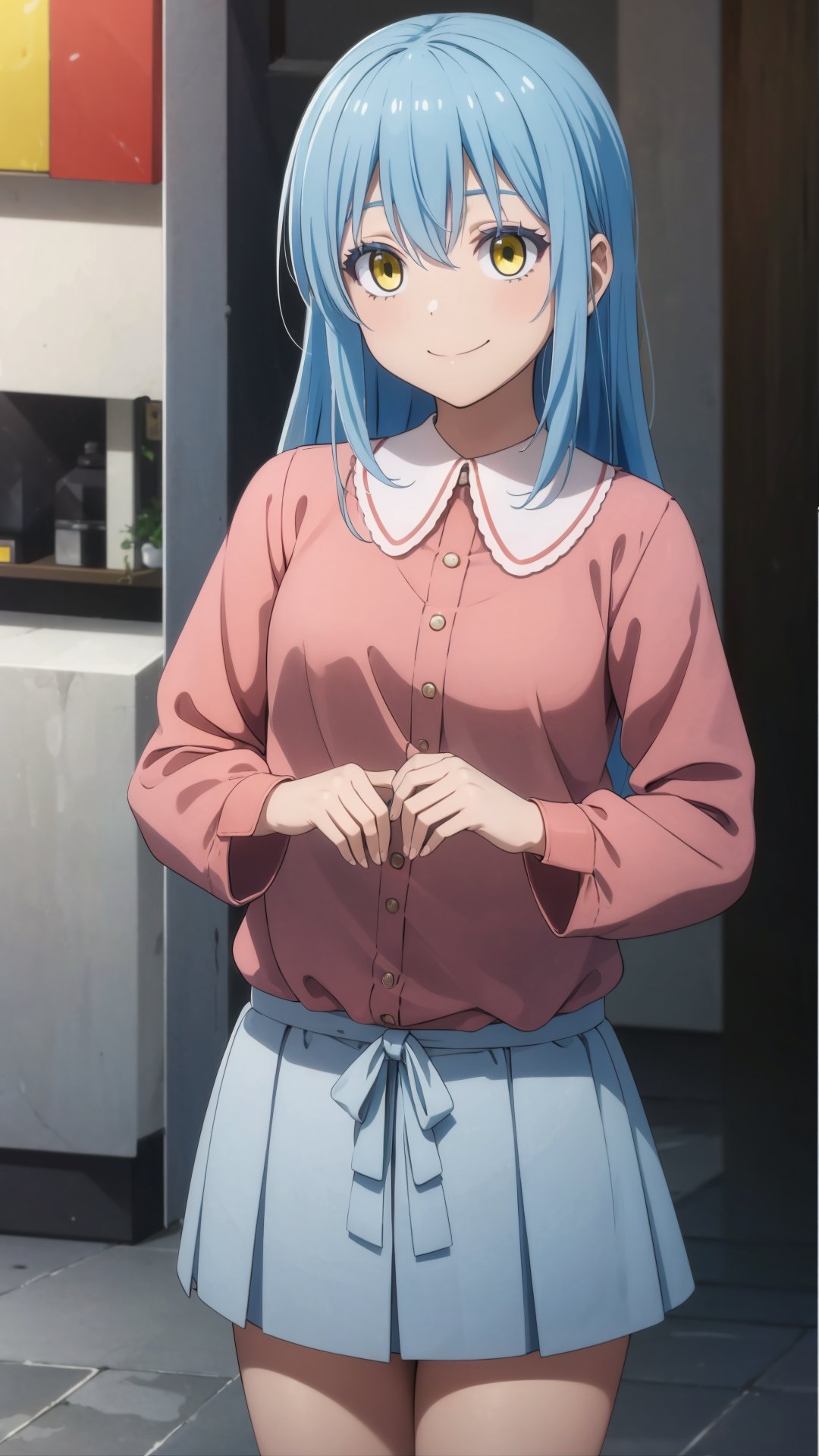 (masterpiece, best quality), ray tracing, absurdres, HDR,rimuru clothes, long hair, blue hair, yellow eyes, shirt, closed mouth, red shirt, 1girl, breats,holding, rimuru tempest, skirt, bangs, pink shirt, smile, solo, hair between eyes, grey skirt, long sleeves, collared shirt, holding clothes,blush ,<lora:rimuru_clothes01:0.7>