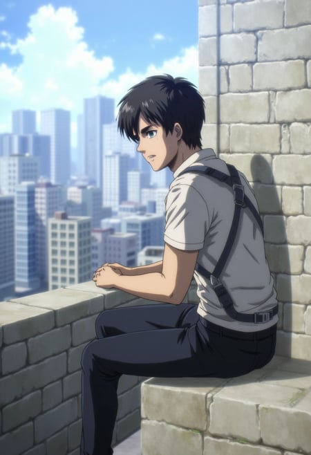 A poignant illustration of Eren Yeager perched on a rooftop, wearing his omnidirectional gear. He gazes out over the cityscape, the wind tousling his short hair. His expression is serious and contemplative, with green eyes reflecting the weight of his responsibilities. The scene captures a moment of quiet reflection before the chaos of battle.