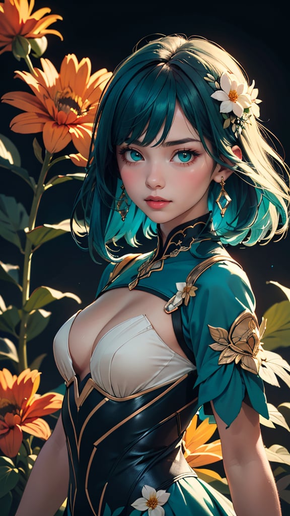 1 young cute girl, flower dress, colorful, dark background, flower armor, green theme, upper body shot,(cinematic, teal and orange:0.85), dim colors, low saturation