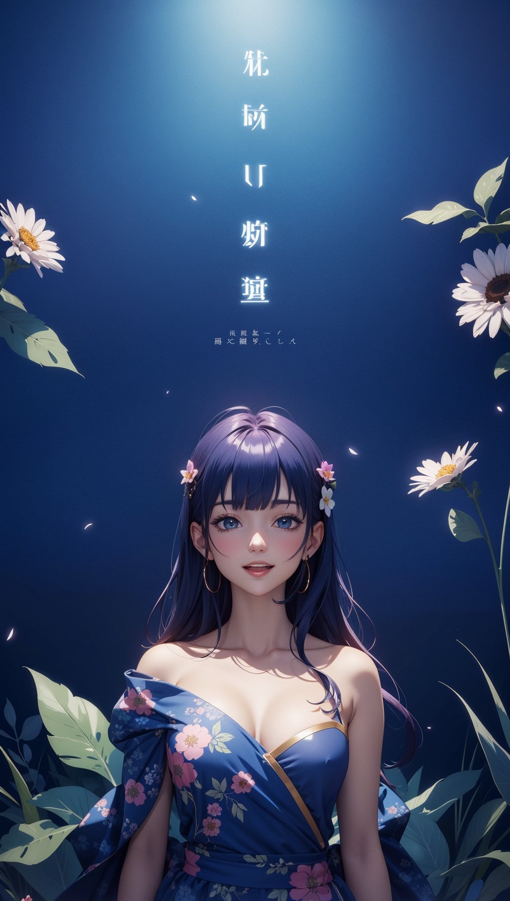 anime opening,(woman),solo,a dreamscape aesthetic in Cobalt blue theme atmosphere,mosaic background,happy,floral,(wallpaper style),movie trailer,cinematic,screencap,still shot,true perception,comfortable,